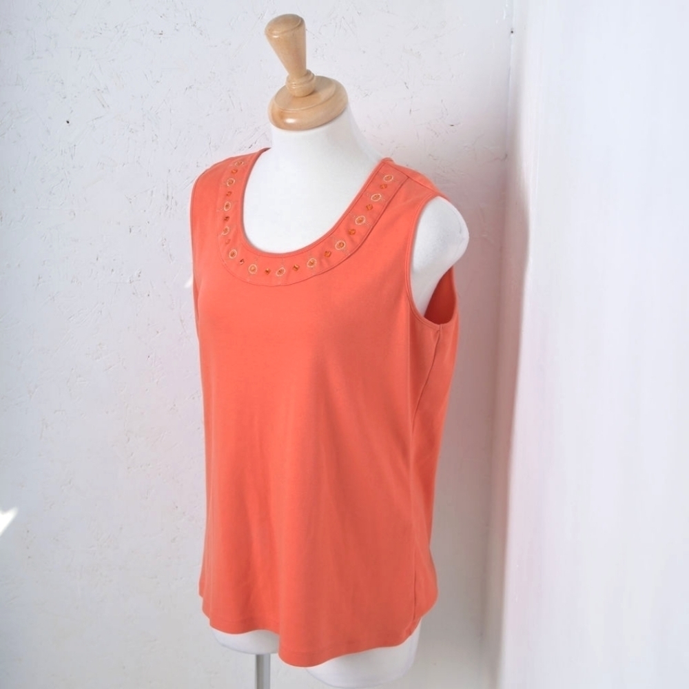 TanJay | orange rhinestone & embroidered collar womens tank top